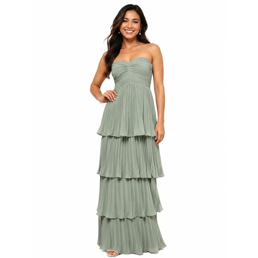 Lulu’s Seriously Sensational Sage Brush Strapless Tiered Maxi Dress Large New